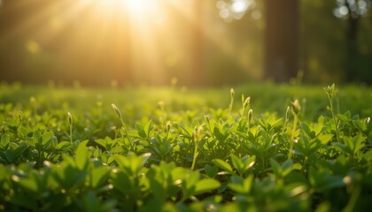 Obraz premium Green plants under warm sunlight in a garden.