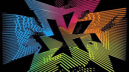 Geometric retro pattern featuring overlapping colorful stripes in teal, fuchsia, orange, and lime green for a nostalgic 80s feel