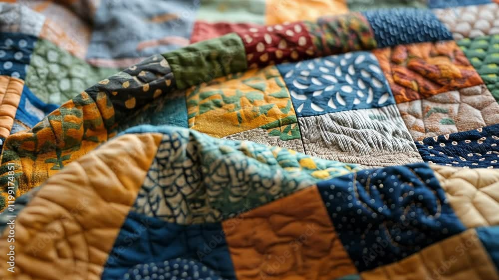 Poster colorful quilt showcasing intricate patterns and textures in a cozy indoor setting during daylight. 