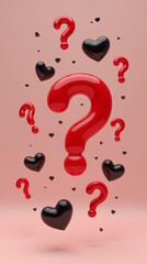  3d red question marks with hearts flying in zero gravity  on clean background.