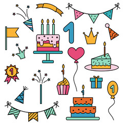 Festive Birthday Elements Illustration with Cakes, Balloons, and Decorations