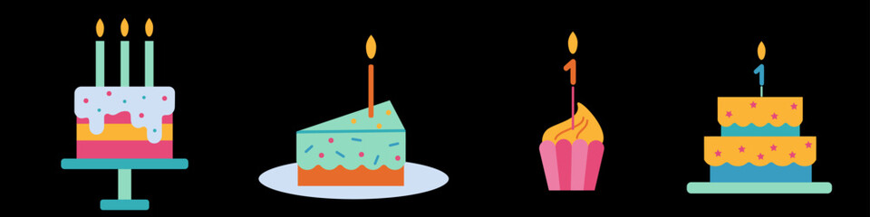 Colorful Birthday Cakes and Cupcakes Illustration with Candles on Black Background