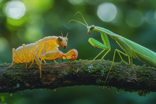 Praying mantis and its exuvia on mossy branch.