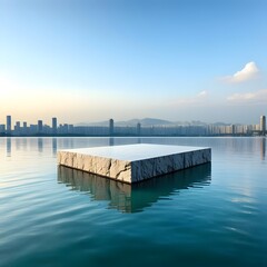 Fototapeta premium Stone Rectangle Urban Skyline Reflections on Floating Podium