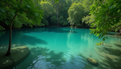 Crystal-clear turquoise lake surrounded by lush greenery.