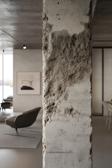 Textured Concrete Pillar Anchoring Modern Industrial Loft with Natural Light and Minimalist Design Elements