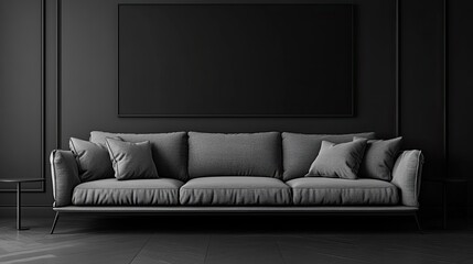 A sleek modern living room features a gray sofa and a blank black wall, ideal for mockup purposes. 