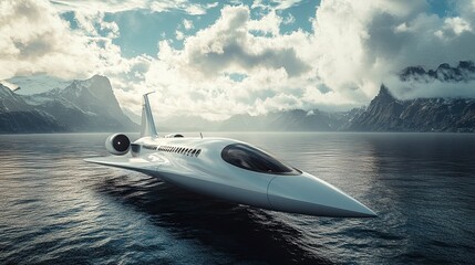 Fototapeta premium A sleek, opulent white private jet gracefully soars above a peaceful sea, with a breathtaking backdrop. --