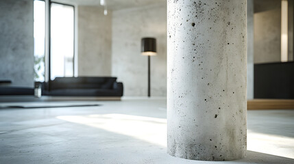 Textured Concrete Pillar Anchoring Modern Industrial Loft with Natural Light and Minimalist Design Elements