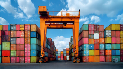 Container industrial yard shipping Export Logistic Crane Forklift Port Blue Sky Background Space Road Import Business Freight Logistic Transport Industry Service Airplane Container Ship Truck Cargo