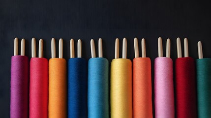 Colorful thread spools arranged neatly on dark background