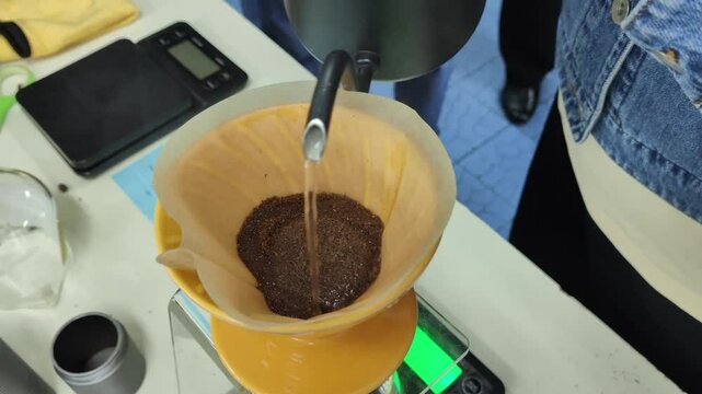 Close up the process of pouring water to drip coffee.