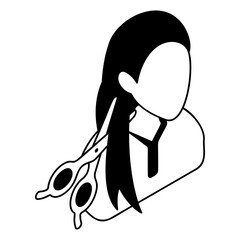 girl with hair thinning scissors in front of face isometric vector icon, beauty and personal care symbol, cosmetic dermatology sign, body aesthetics stock illustration, Hairdresser concept