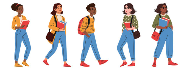 Set of young students with backpacks and books. Education concept. Hand drawn style