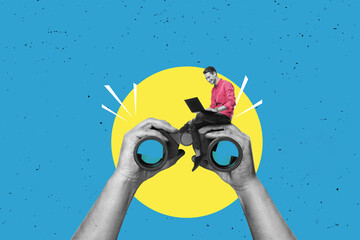 A man with a laptop is sitting on a hands holding a big binoculars. Art collage. Searching for...