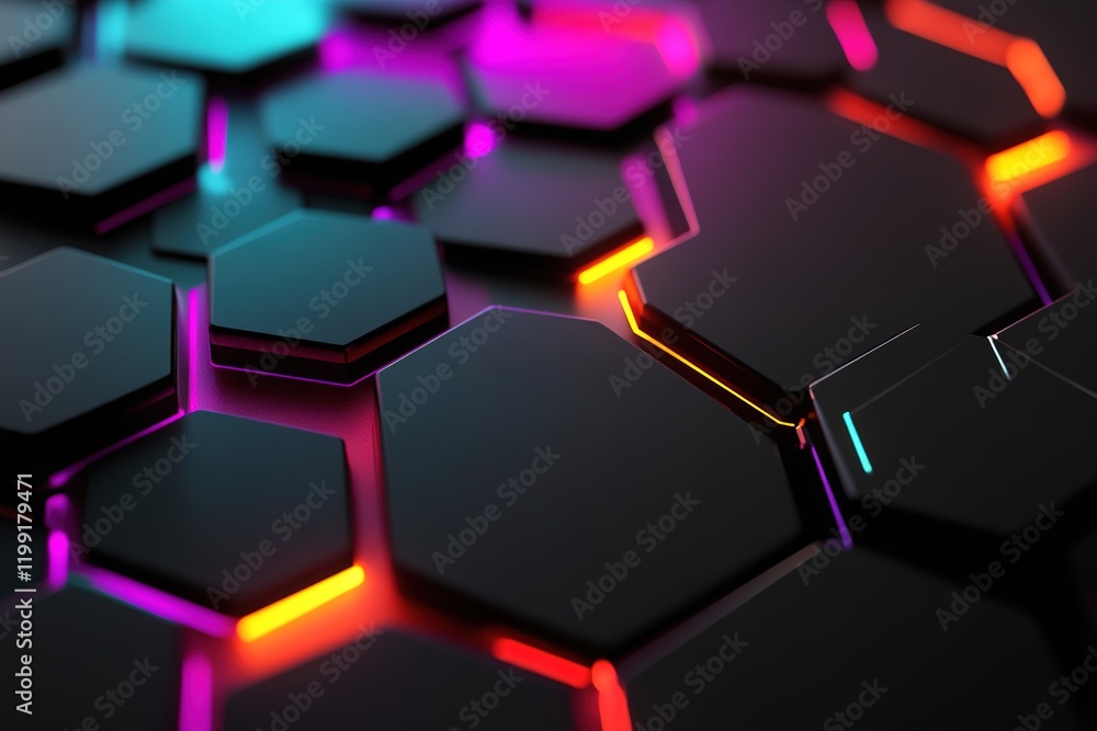 Poster glowing neon geometric shapes, including triangles and hexagons, illuminate a matte black surface. t