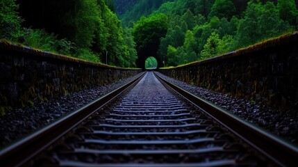 Obraz premium Railroad Tracks Leading to a Tunnel in Lush Green Forest