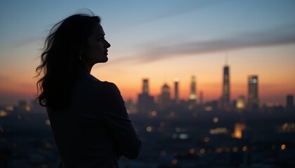 Fototapeta premium Woman silhouetted against city skyline during sunset.