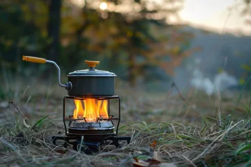 Fotobehang Pot is heating on portable camping stove at sunset in autumn forest © juliars