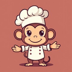 Cartoon monkey chef with white hat and coat against solid background for kitchen concepts