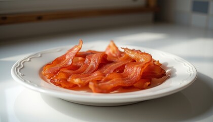 Crispy fried bacon slices served on a white plate.