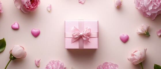 A charming pink gift box adorned with a delicate bow, surrounded by vibrant pink flowers, perfect for celebrating love on Valentine's Day.