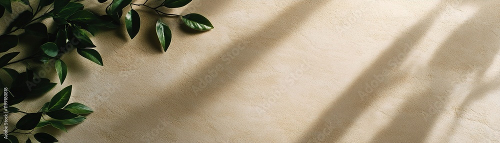 Poster this setting features a smooth beige stone surface, enhanced by soft shadows of green leaves, creati