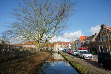 Fototapeta premium Sunny afternoon view of a quiet canal lined with trees and charming houses in a historic town