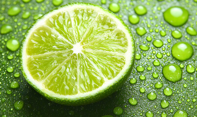 Juicy lime slice close-up, glistening with water droplets on a vibrant green background.  A refreshing, healthy image perfect for food, drink, or health-related projects.