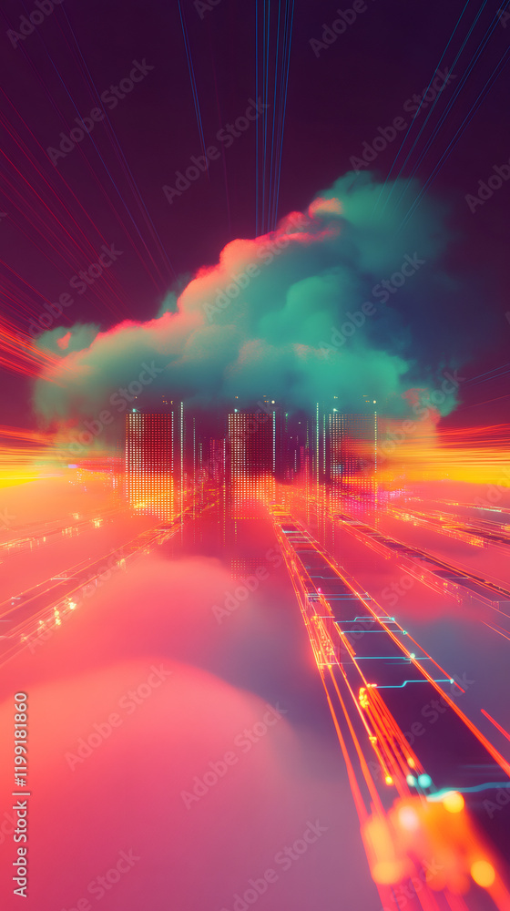 Poster Futuristic cityscape skyline emerging from colorful cloud representing cloud computing and data storage
