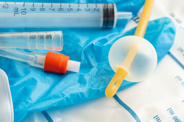 Foley urinary catheter with urine bag for disability or patient in hospital.
