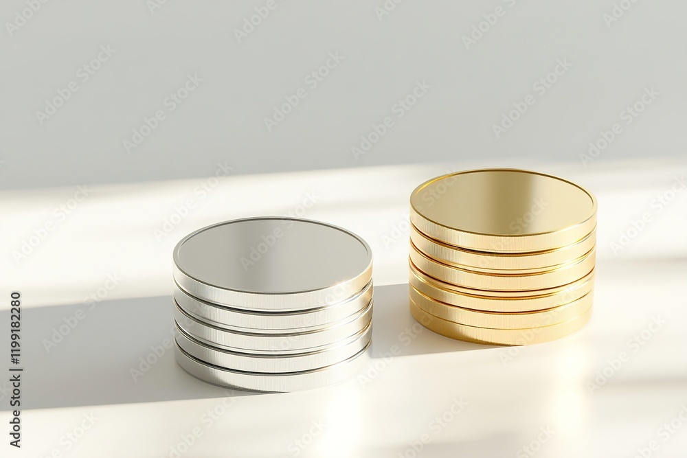 Poster stacks of gleaming gold and silver coins rest on a smooth, neutral surface. the soft reflections cre