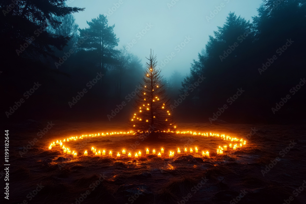 Poster tree wrapped in lights stands in dark forest surrounded by candles. concept of serene isolation and 