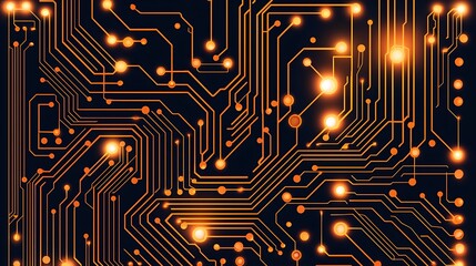 Digital circuit board with intricate, symmetrical patterns in metallic tones, featuring illuminated nodes and connections