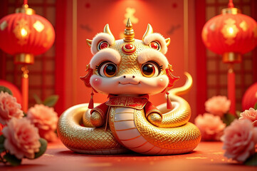Fototapeta premium Rose Gold Delight: Charming Lunar New Year Scene with Rosy Snake and Festive Flourishes