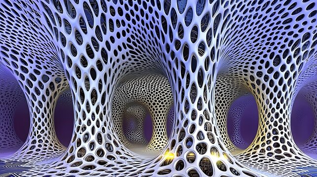 Digital circuit board with intricate, symmetrical patterns in metallic tones, featuring illuminated nodes and connections