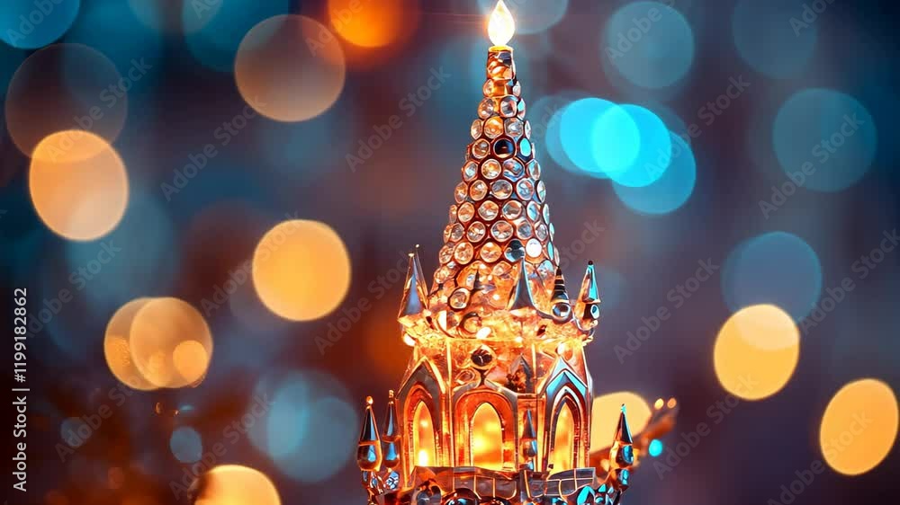 Poster glowing miniature tower adorned with sparkling diamonds at night with colorful bokeh effects, glowin