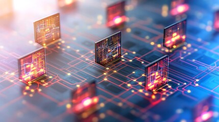 Futuristic circuit pattern with a holographic appearance, featuring vibrant colors and glowing connections in a sleek, symmetrical layout