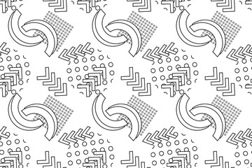 Monochrome seamless abstract geometric pattern with curved lines, dots, and chevrons, ideal for coloring.