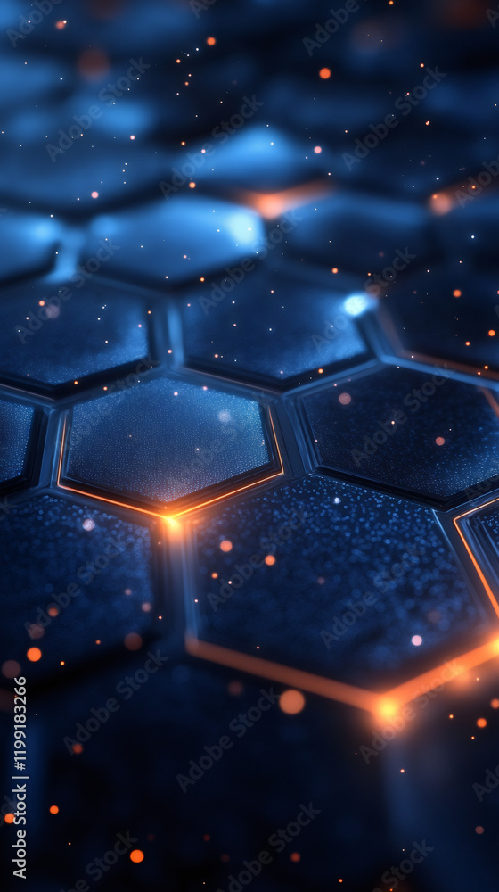 Poster orange glowing lines connecting dark blue hexagons with bokeh effect creating a futuristic nanotechn