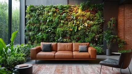 Fototapeta premium A stylish home interior features a vibrant plant wall, creating a lush, natural atmosphere of greenery. 