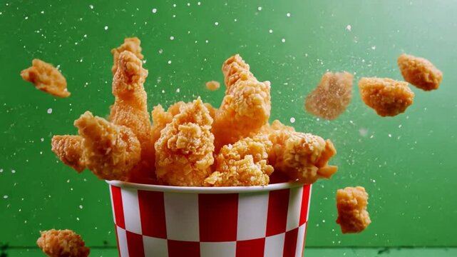 Crispy Chicken Explosion:  A vibrant, dynamic shot of crispy fried chicken pieces bursting from a red and white checkered bucket against a lively green background.