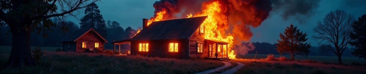 A dramatic scene of a house engulfed in flames during a nighttime fire.