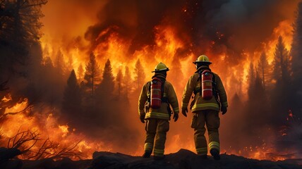 Naklejka premium Firefighters battling a massive forest fire , using hoses and equipment, with flames and smoke surrounding the rugged landscape,Generative Ai 