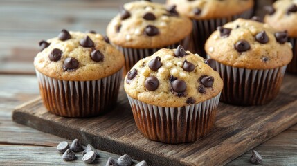 Delicious chocolate chip muffins arranged on rustic wooden board