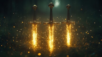 Three glowing swords, magical sparks, dark forest.
