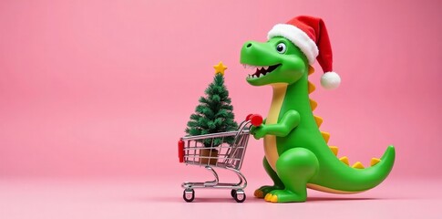 Naklejka premium A festive dinosaur toy in a shopping cart with a Christmas tree on a pink backdrop.