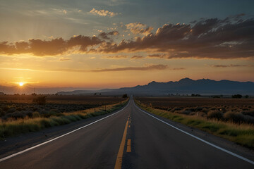Naklejka premium A quiet, open road leading into a vibrant sunrise, capturing the essence of a fresh start with time slipping away.