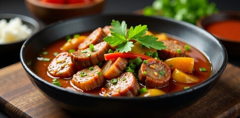 Fototapeta premium A flavorful dish featuring sliced meat, vegetables, and vibrant garnishes.