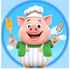 Pig chef smiles, holding utensils against a blue sky background, for a children's cookbook